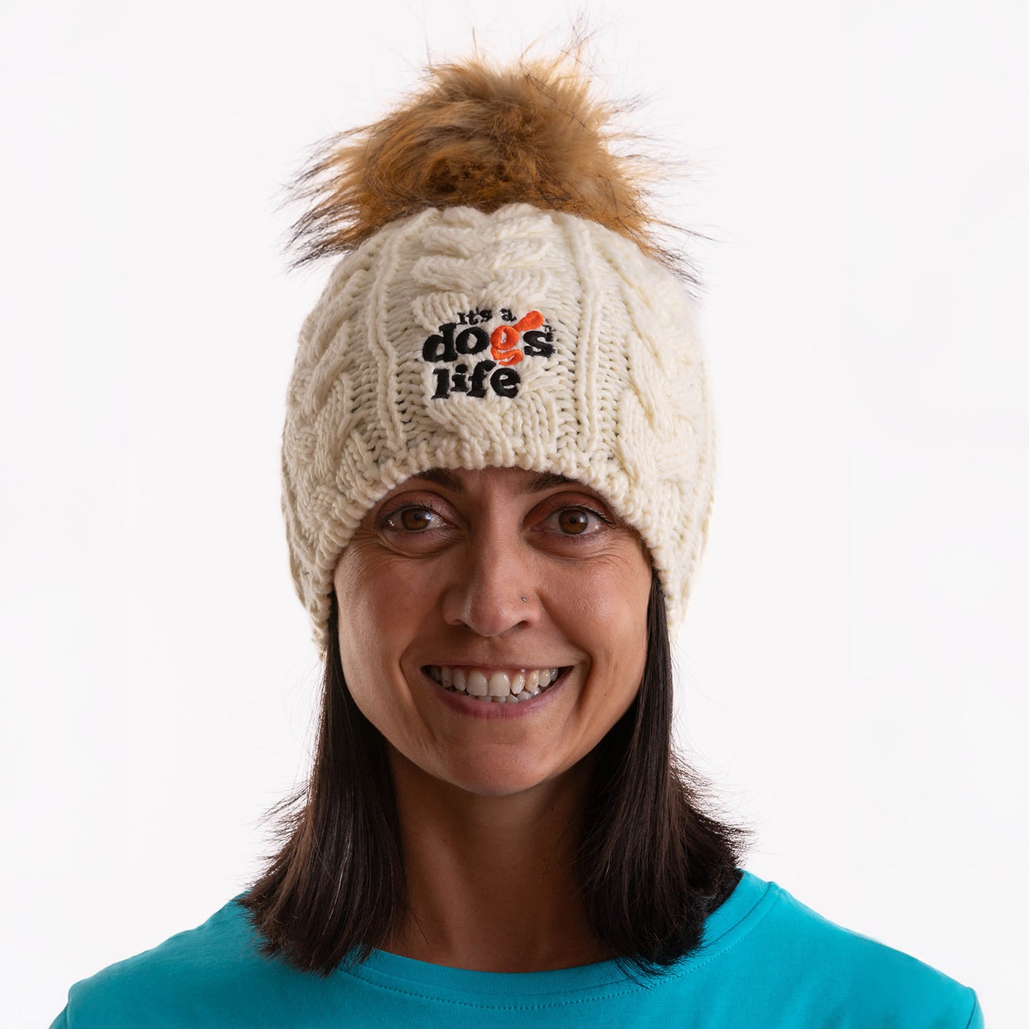 Cable Knit Beanie with Faux Fur Pom - Off White