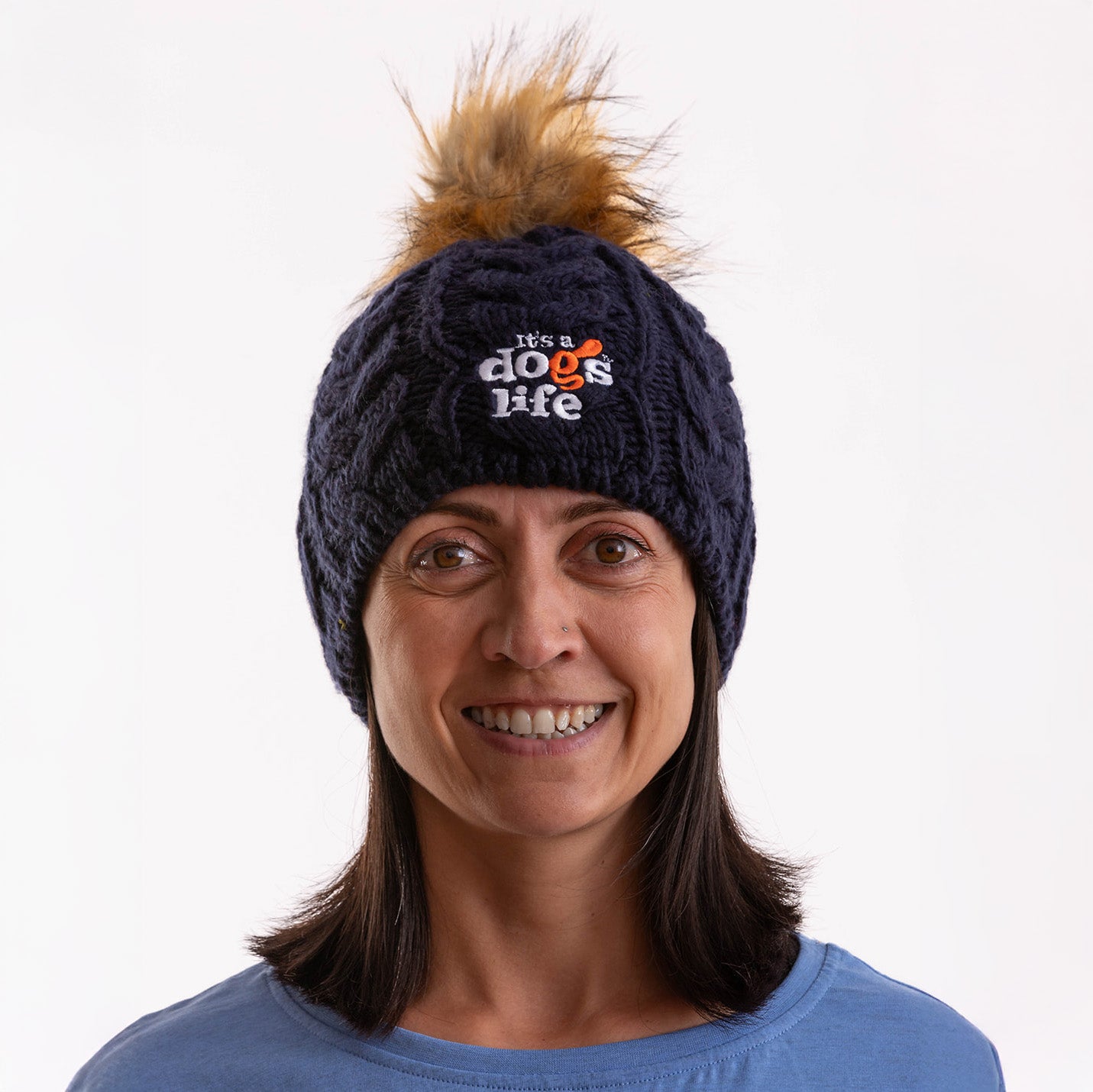 Cable Knit Beanie with Faux Fur Pom - Black