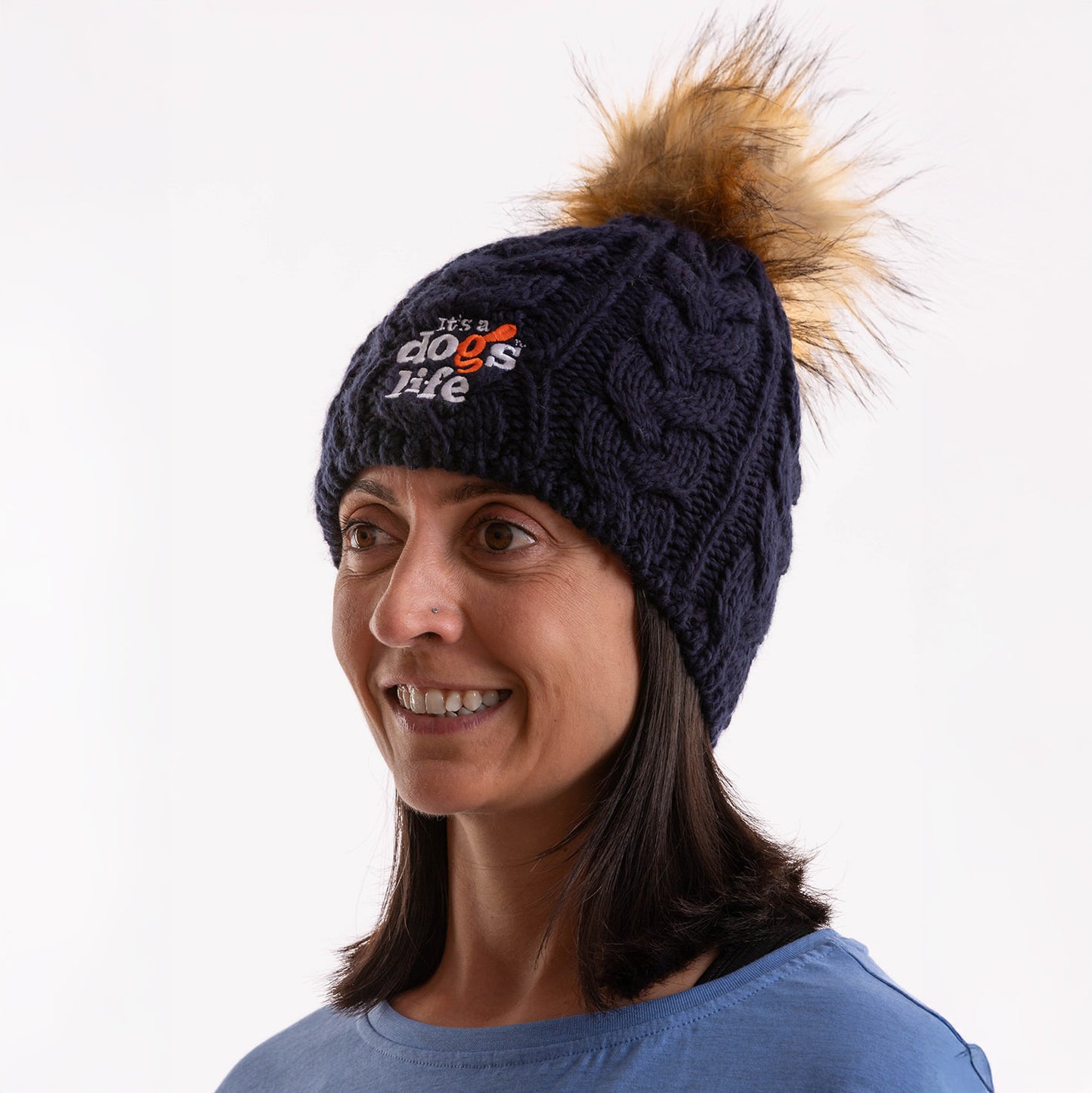 Cable Knit Beanie with Faux Fur Pom - Black
