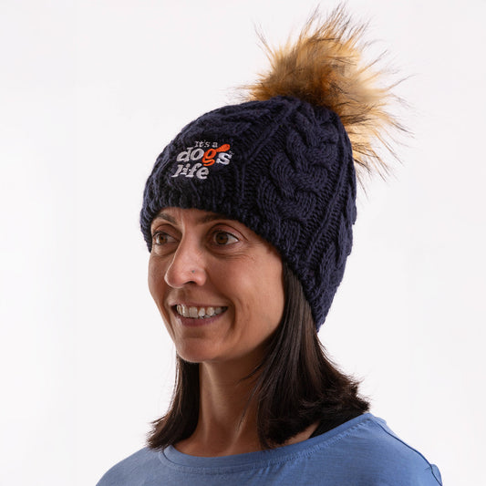 Cable Knit Beanie with Faux Fur Pom - Black