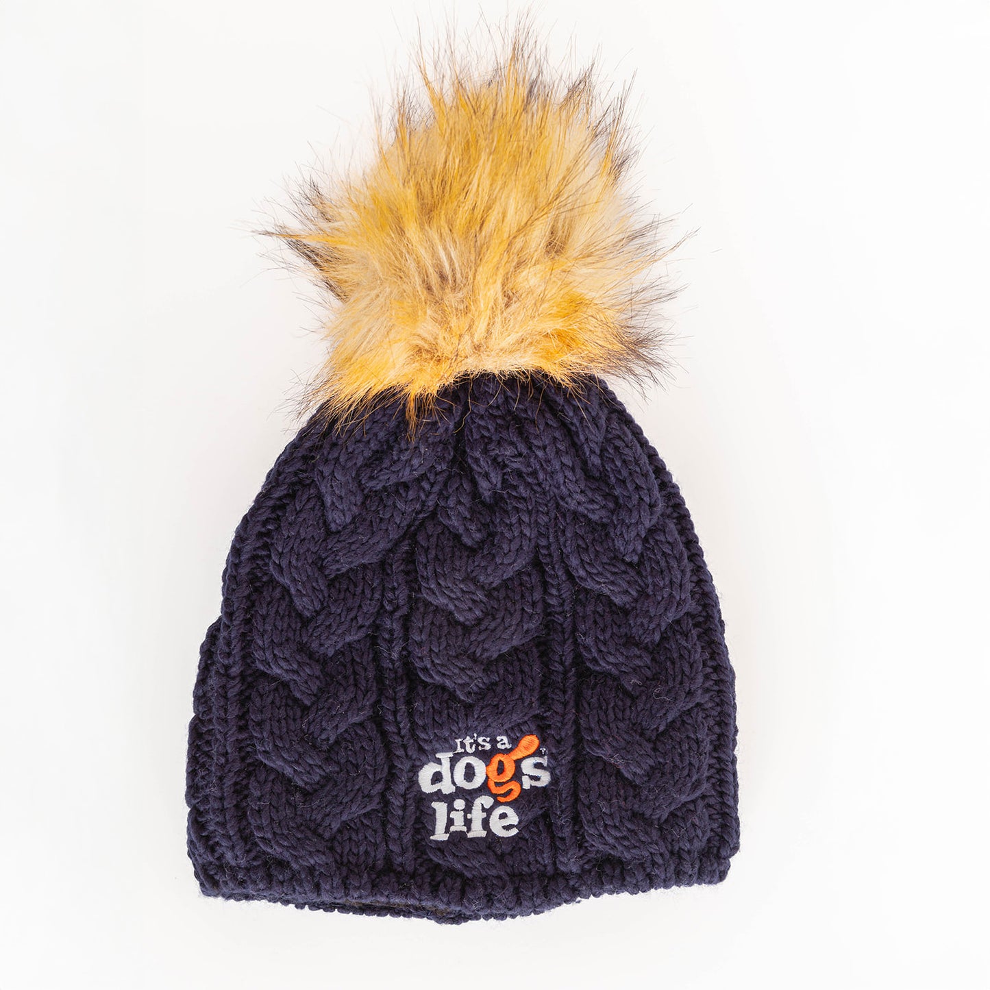Cable Knit Beanie with Faux Fur Pom - Navy