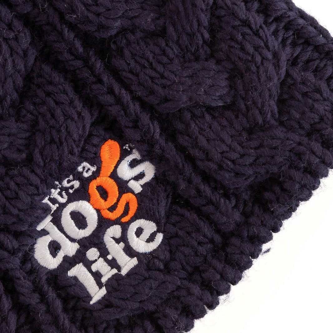 Cable Knit Beanie with Faux Fur Pom - Navy