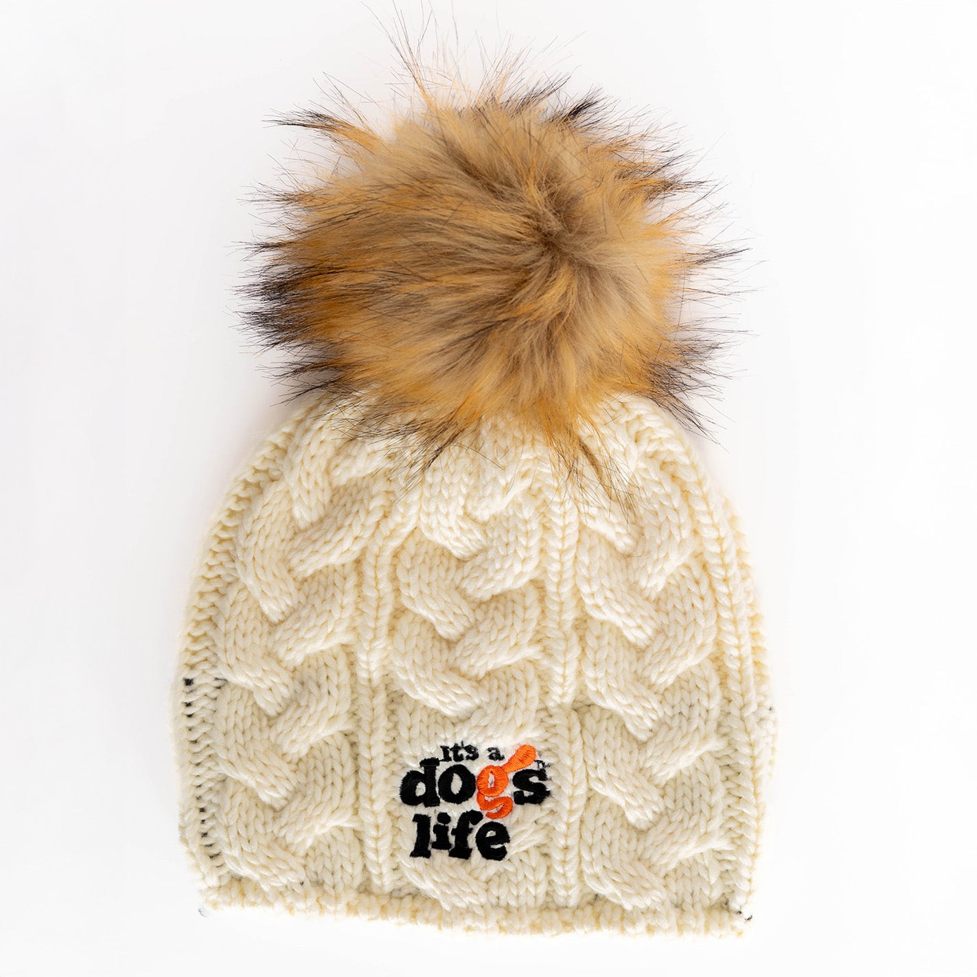 Cable Knit Beanie with Faux Fur Pom - Off White
