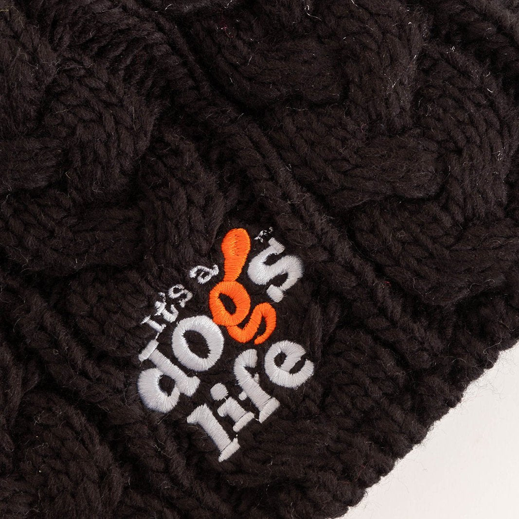 Cable Knit Beanie with Faux Fur Pom - Black