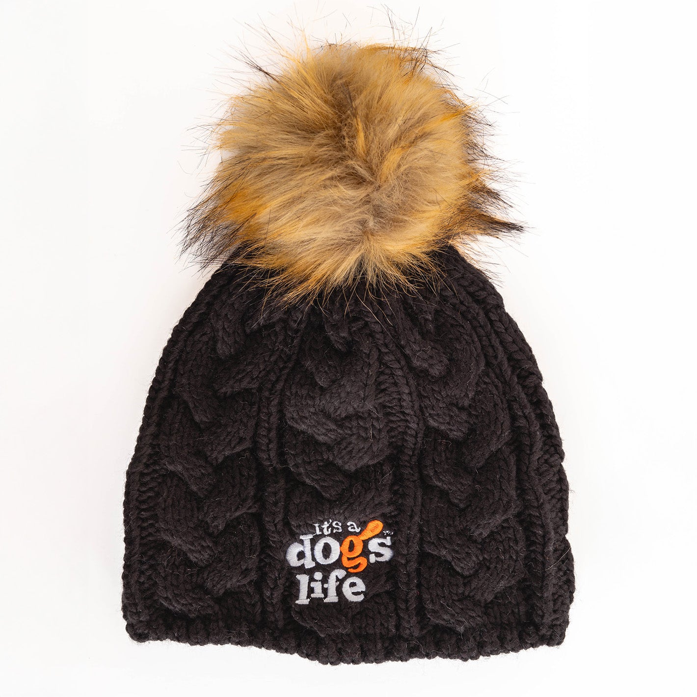 Cable Knit Beanie with Faux Fur Pom - Black