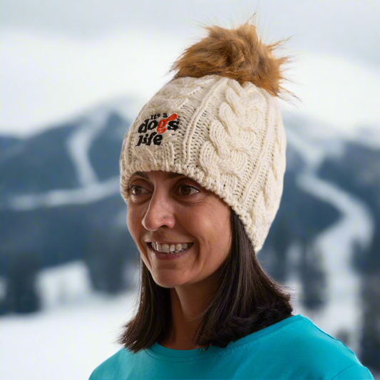 Cable Knit  Beanie with Faux Fur Pom - Off White