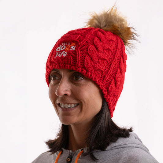 Cable Knit Beanie with Faux Fur Pom - Classic Red