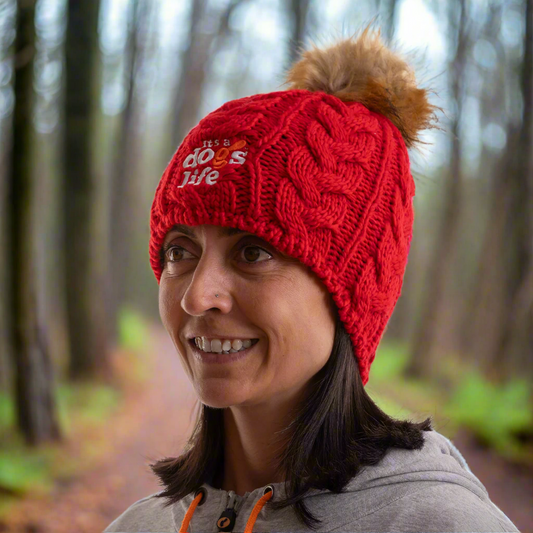 Cable Knit  Beanie with Faux Fur Pom - Classic Red