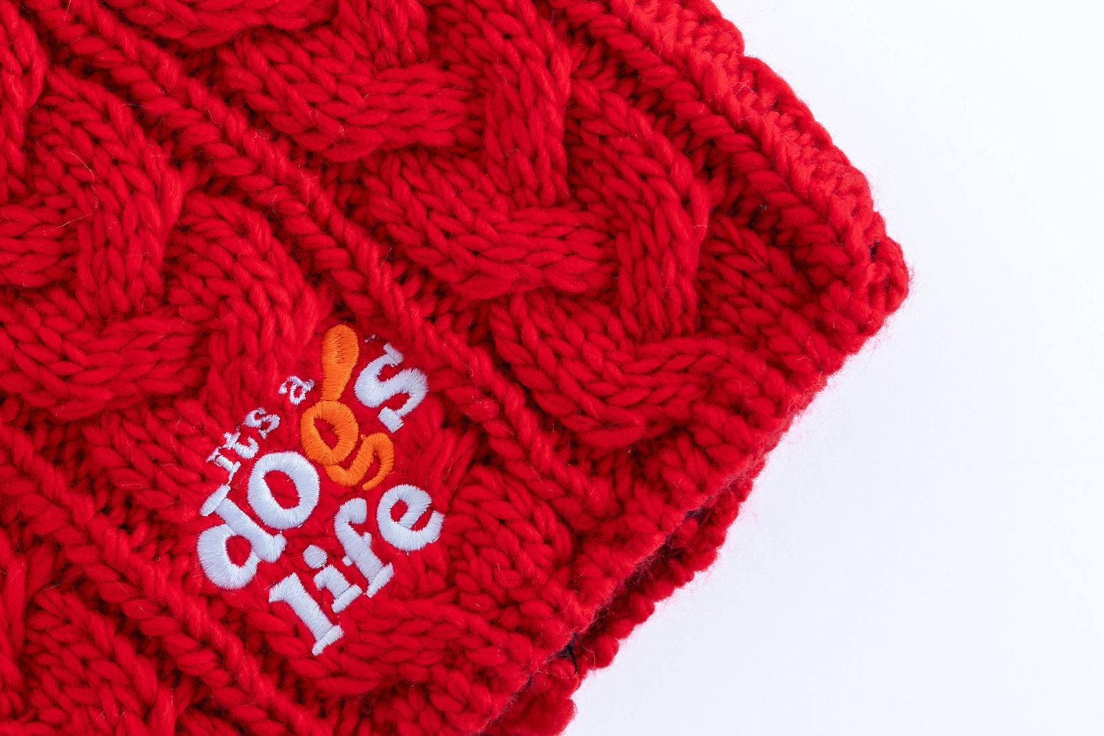 Cable Knit Beanie with Faux Fur Pom - Classic Red