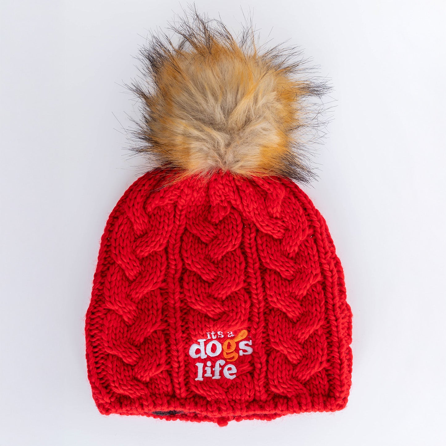 Cable Knit Beanie with Faux Fur Pom - Classic Red