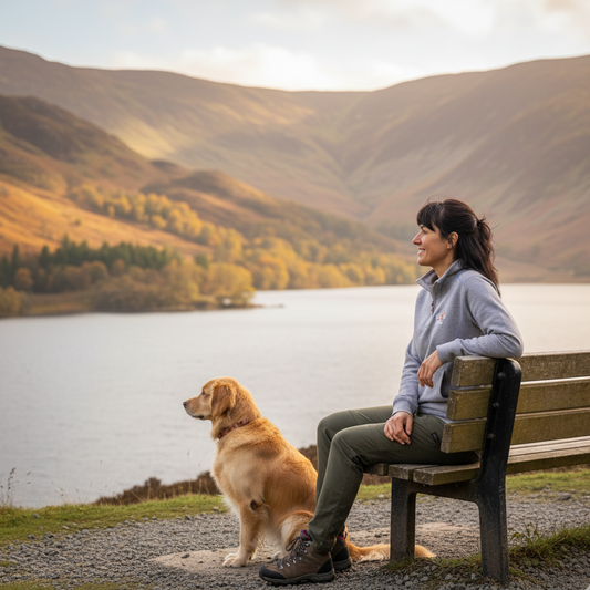 Woman sitting on a bench with a dog by a lake with mountains in the background