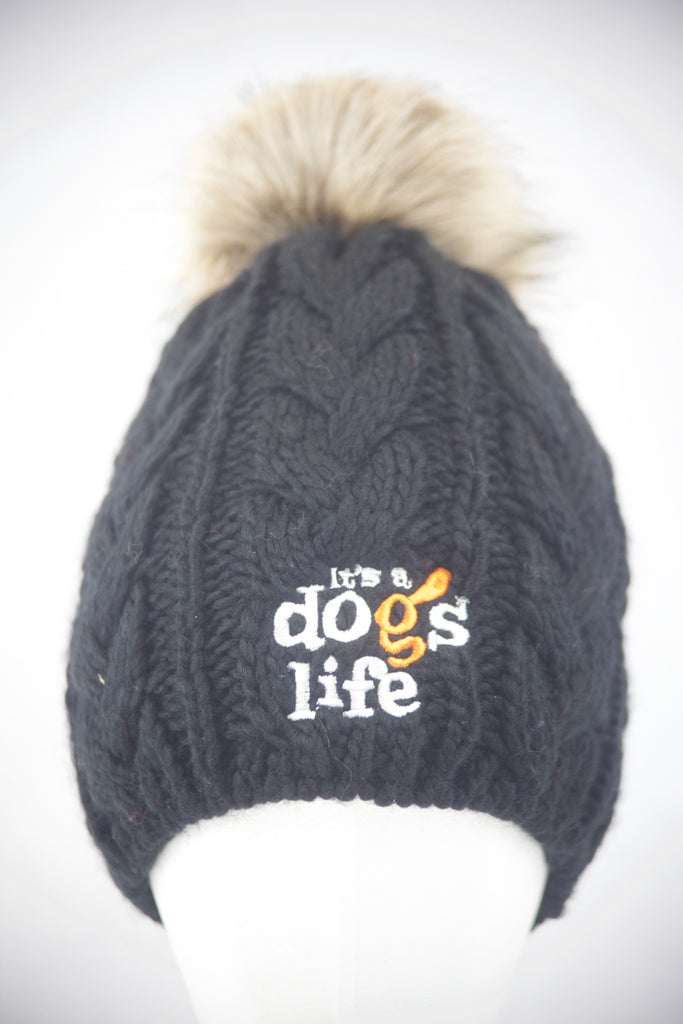 Cable Knit  Beanie with Faux Fur Pom - Black.