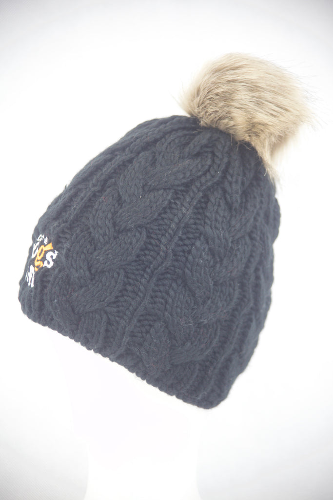 Cable Knit  Beanie with Faux Fur Pom - Black.