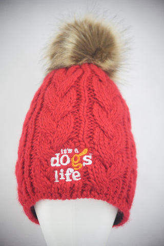 Cable Knit  Beanie with Faux Fur Pom