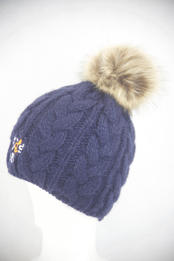 Cable Knit  Beanie with Faux Fur Pom - Navy