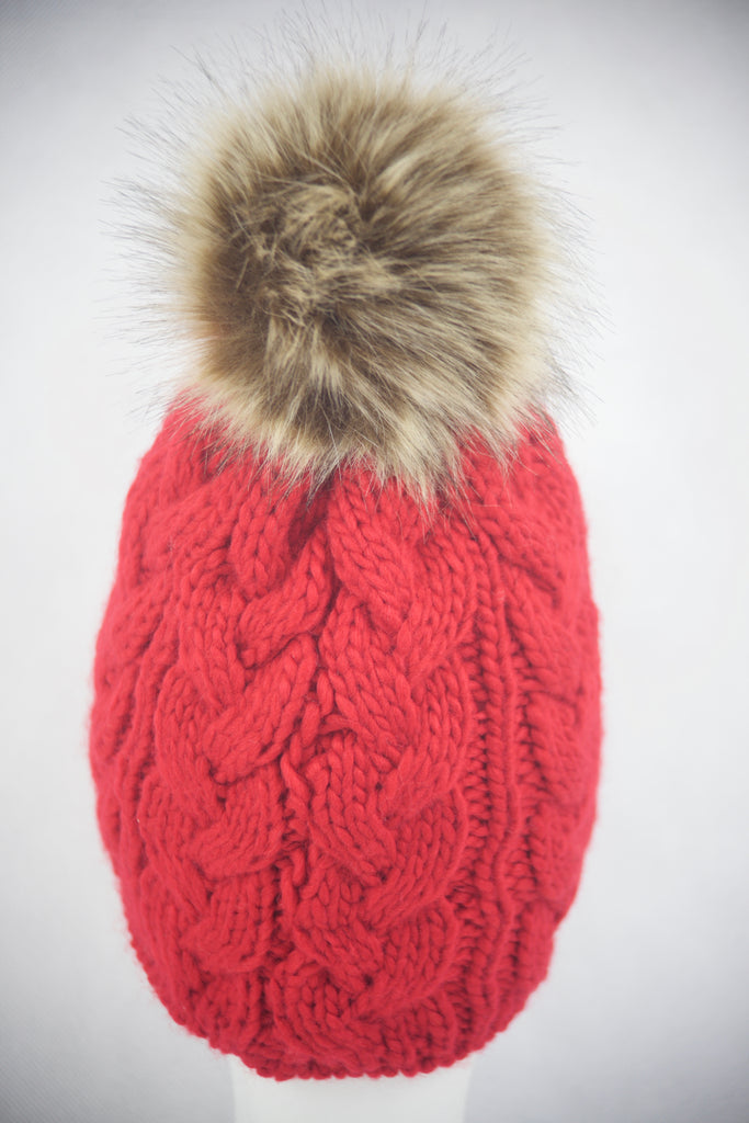Cable Knit  Beanie with Faux Fur Pom