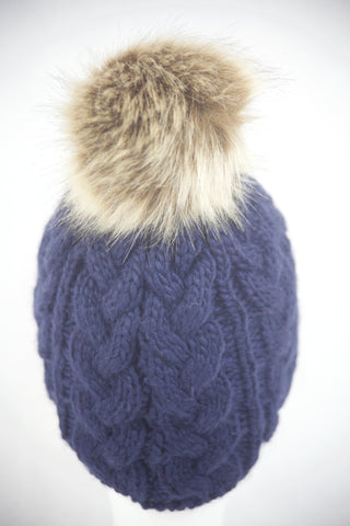 Cable Knit  Beanie with Faux Fur Pom - Navy